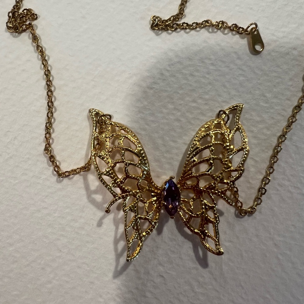 Elegant Gold Butterfly Necklace with purple stone - Picture 2 of 3